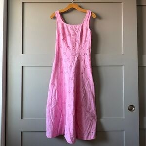 J.Crew Eyelet Embroidered Midi Dress Pink Cotton Smocked Back‎ Size 0 NWT $168